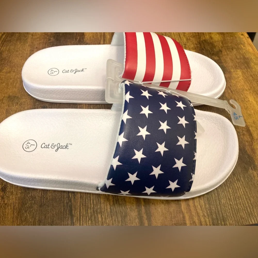 Kids' Devon Slides - Cat & Jack™ Blue Slip-on Sandals flag Large (4/5) New